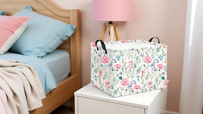 CLOCOR Rectangular Storage Basket,Collapsible Cute Pattern Storage Bin,Waterproof Books Box with Handles,Gift Basket(Blossoming)