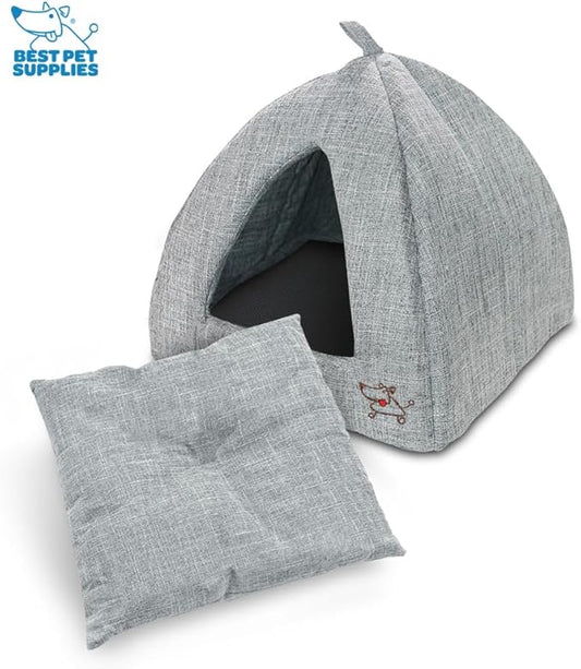 Best Pet Supplies Dog House Bed Crate Mat Tent Indoor Round Soft Plush for Small, Medium, and Large Breeds - Gray Linen, 19 x 19 x H:19"