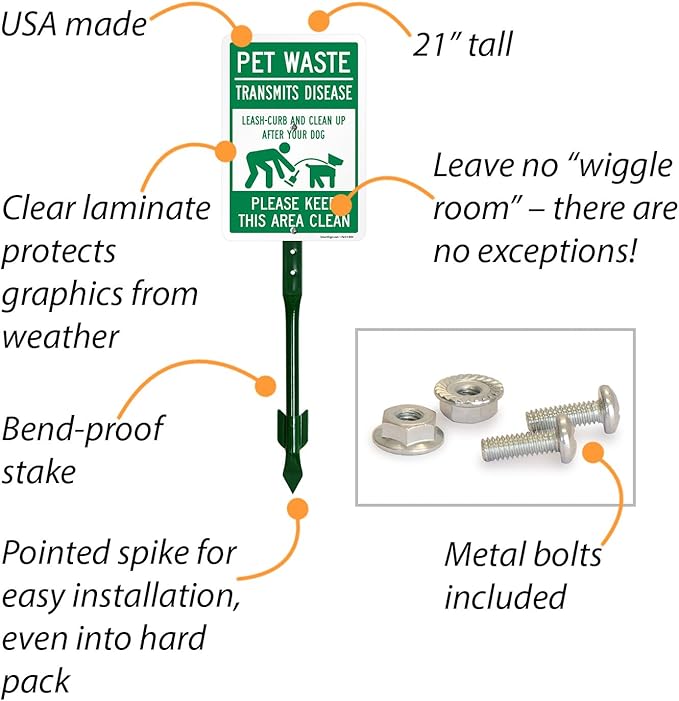SmartSign 'Pet Waste Transmits Disease, Leash-Curb/Clean Up After Dog Keep Area Clean' Yard Sign - 7" x 10" Sign with Stake, 40 mil Aluminum Sign, 21-inch Tall Sign/Stake Kit, Green/White, USA-Made