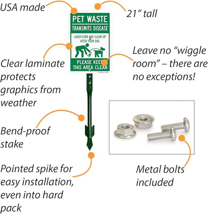 SmartSign 'Pet Waste Transmits Disease, Leash-Curb/Clean Up After Dog Keep Area Clean' Yard Sign - 7" x 10" Sign with Stake, 40 mil Aluminum Sign, 21-inch Tall Sign/Stake Kit, Green/White, USA-Made