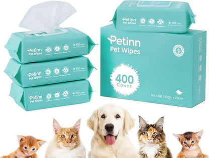 Dog Wipes for Paws Ears Eyes Cleaning, Pet Wipes Unscented Grooming Wipes with Bamboo Fiber for Dogs and Cats, Puppy Kitten Bath Wipe, Hypoallergenic, Lick Safe 400 Count (8"x8")