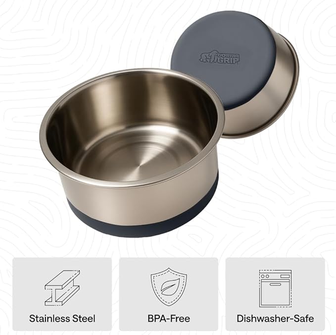 GORILLA GRIP Dog Bowls, Heavy Duty 304 Stainless Steel, Holds 8 Cups Each (64 fl oz) Food and Water Bowl for Feeding Dogs and Cats, Dishwasher Safe, Rust Resistant, BPA Free Rubber Base Set of 2 Gray