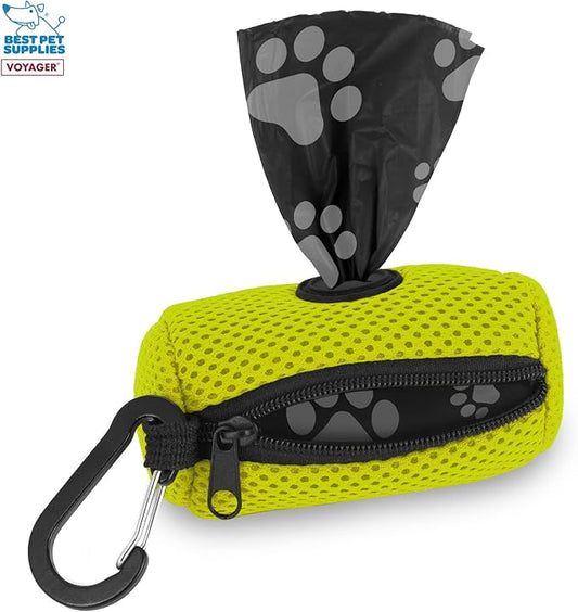 Best Pet Supplies Dog Poop Bag Holder Leash Attachment with 15 Bags, Lime Green, Reusable Mesh Dispenser Pouch for Travel, Walking, Park, and Outdoor Use, Soft and Durable with Clip-On