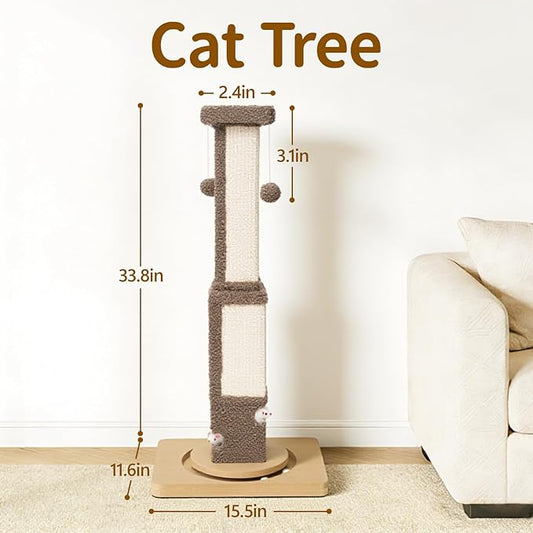 Tall Cat Scratching Post for Large Cats Kittens, 33" Indoor Sisal Vertical Pole Heavy Duty Square Structure with 4 Interactive Mouse Holes and Track Ball Base, Shields Furniture from Scratches