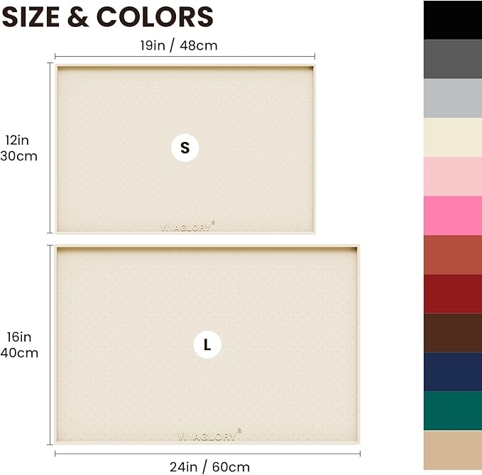VIVAGLORY Dog Bowl Mat Grippymat Pet Food Mat, Waterproof Washable Nonslip Silicone for Pet & Cat, Food and Water Placemat with Lip & Raised Edges for Indoor Floor, L, Ivory