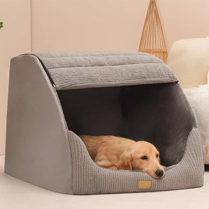 Large Dog House Indoor, Soft Plush Dogs Cave Bed Covered Pet Bed with Fluffy Washable Cushion, Portable Dog/Cat Pet Tent House for Medium Large Dogs (Grey, Medium)