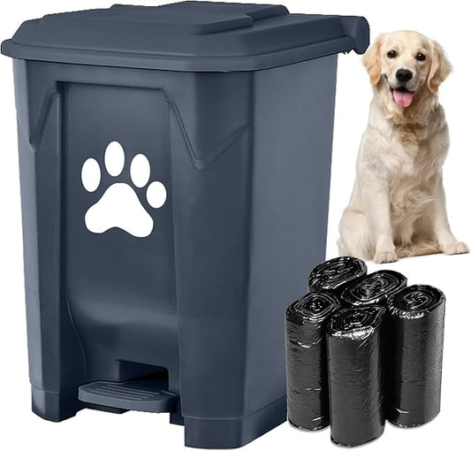 tebiete Dog Poop Trash Can Outdoors Pet Waste Station with Lid Dog Waste Disposal Container with Removable Inner Bin Bucket Hands-Free Pedal Garden Yard Home with 5Rolls Waste Bags, Grey