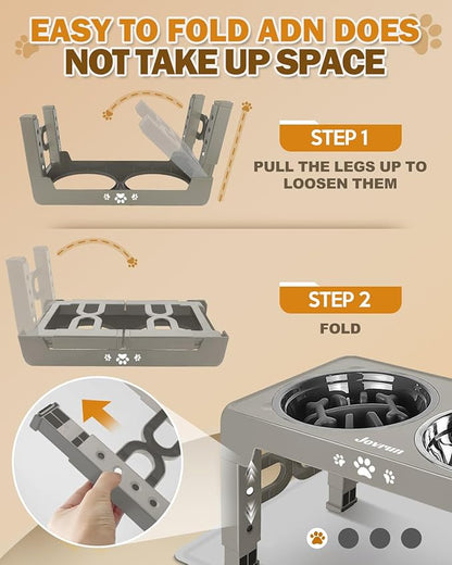 Elevated Dog Bowls with Mat, Non-Slip Dog Feeder with 1*Stainless Steel Dishes & 1*Slow Feeder Bowl, 5 Heights Adjustable Raised Bowls for 3.15″-8.66″-9.84″-11.02″-12.2″