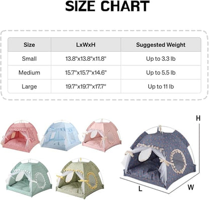 Selena Cat Bed Tents Dog House Indoor Outdoor Lace Mesh Breathable Windows Door Curtains Removable Portable Nest Teepe House (Small,Pink(Flower))