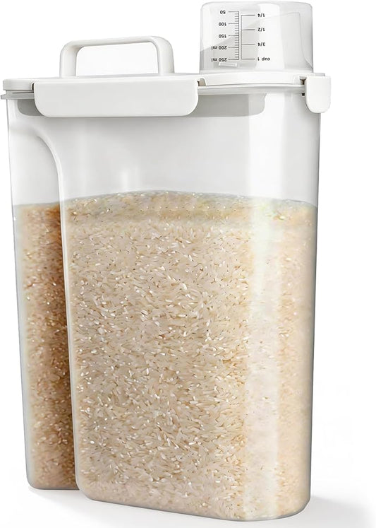 Rice Storage Container, 10 to 20lb Dry Food Airtight Dispenser, Pet Dog Cat Food Canister, BPA Free Clear Plastic Kitchen and Pantry Organization Bin for Oatmeal, Cereal, Pasta, Flour White