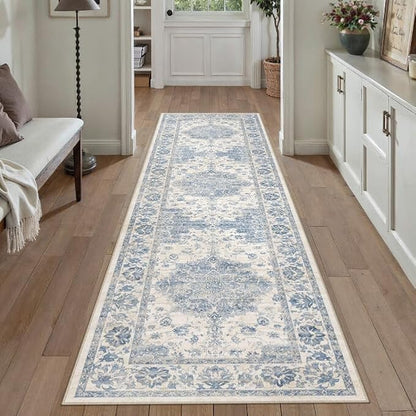 Washable Runner Rug 2x8 for Hallway Blue Vintage Long Carpet Soft Low Pile Non Slip Throw Rug Floral Distressed Accent Rug for Entryway Bathroom Office Laundry Dining Room