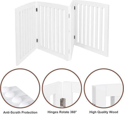 ZENY 24 Inch Pet Dog Gate, Foldable Freestanding Dog Door 4 Panel, White Wooden Z Shape Step Over Pet Fence for Entryway, Stairs, Doorway, White