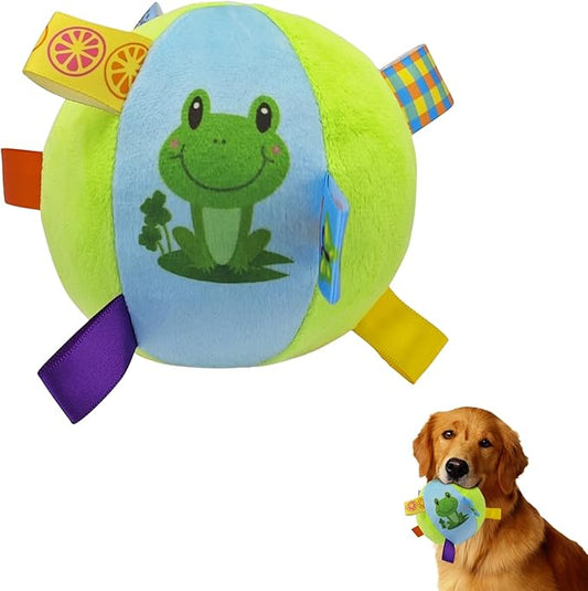 Squeaky Balls for Dogs, 12CM Dog Soccer Ball with Straps & Bell Inside for Tug of War Easy to Carry, Plush Soft Dog Toys for Small/Medium Breed, Kill Time Keep Busy (Green)