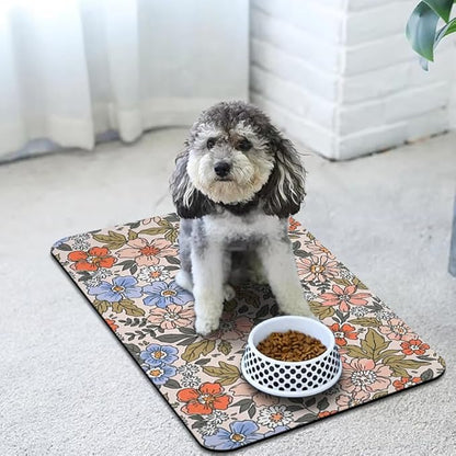 Dog Food Mats for Floors Waterproof, Cat Water Bowl Mats Pet Feeding Absorbent Placemats Flower 24 * 32 inch