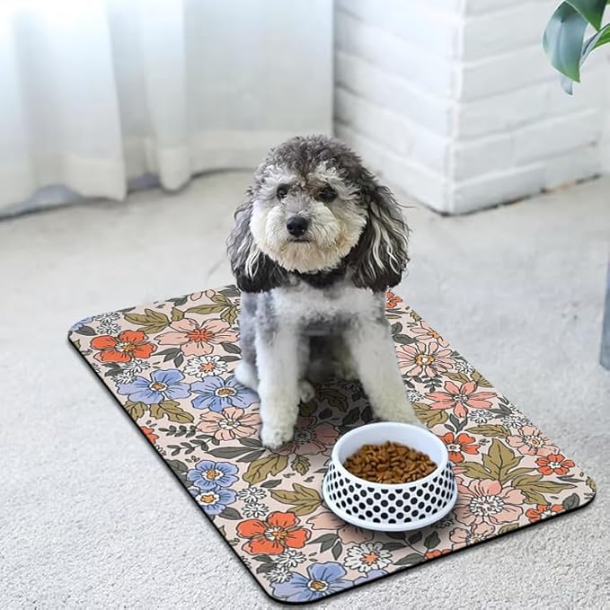 Dog Food Mats for Floors Waterproof, Cat Water Bowl Mats Pet Feeding Absorbent Placemats Flower 16 * 24 inch