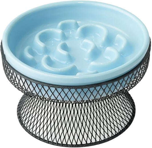 Elevated Ceramic Cat Slow Feeder Bowl Raised Cat Food Bowl with Stand, Detachable pet Bowl Design for Wet Food and Dry Food, Whisker Friendly Pet Puzzle Feeder for Kitten and Small Dog