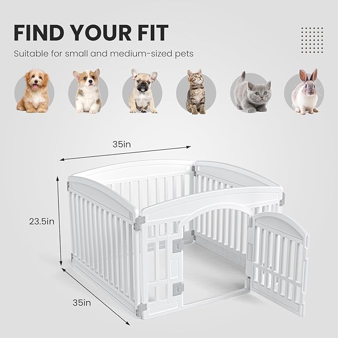 Sweetcrispy Plastic Dog Playpen - 4-Panel 24" Expandable & Durable Pet Fence for Medium Dogs - Indoor & Outdoor Portable Puppy Playpen with Secure Locking Door - Morden White