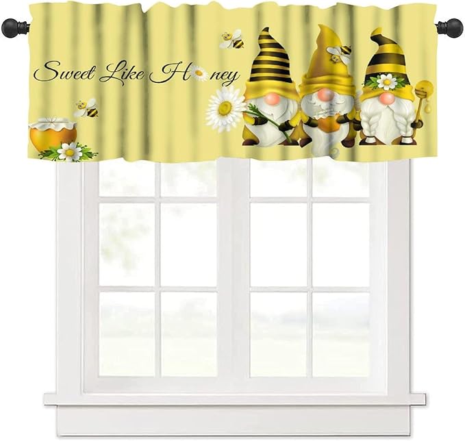 Rustic Bee Valances Curtain for Kitchen, Sweet Like Honey Gnomes Window Treatment Valances Short Curtains Rod Pocket Drape for Dining Room Home Farmhouse Decor, 54x18inch
