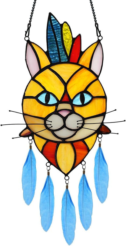 BOXCASA Orange Cat Decor: Stained Glass Window Hangings and Suncatcher - Indian Feathers Decoration for Cat Lovers