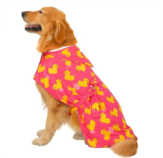 HDE Dog Bathrobe Super Absorbent Quick Drying Puppy Towel Wrap Coat Adjustable After Bath Robes with Hood for Dog Sizes S-XXL Pink Rubber Ducks XL