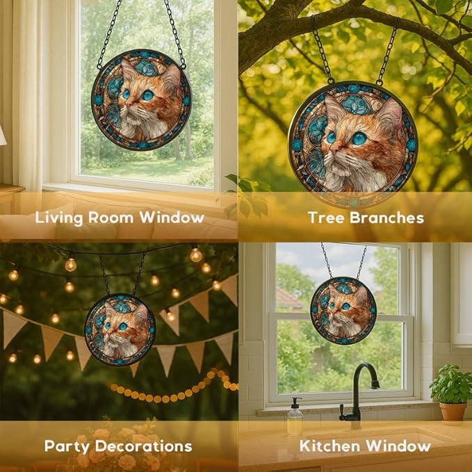 Stained Glass Window Hanging， Cat Face 11.8in Sun Catchers Indoor Window， Core Decor Inside and Outside The Cottage， Cat Lover Decor， Decorative Gifts for Women