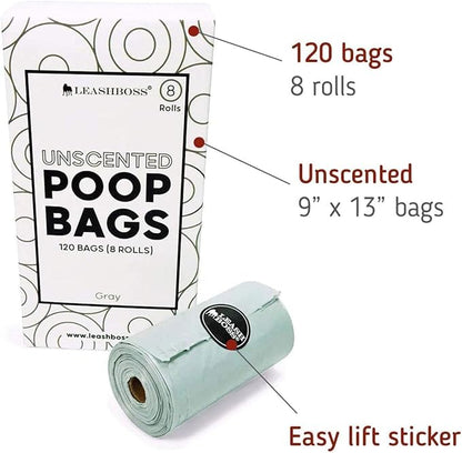 Leash Boss Dog Poop Bags - 120 Bags, 8 Rolls Unscented Leak Proof Waste Bag Rolls (Gray, 8 Rolls)