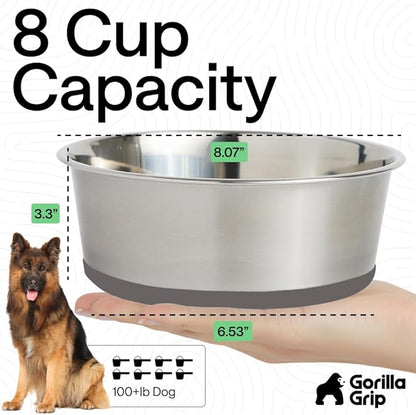 GORILLA GRIP Dog Bowls, Heavy Duty 304 Stainless Steel, Holds 8 Cups Each (64 fl oz) Food and Water Bowl for Feeding Dogs and Cats, Dishwasher Safe, Rust Resistant, BPA Free Rubber Base Set of 2 Gray