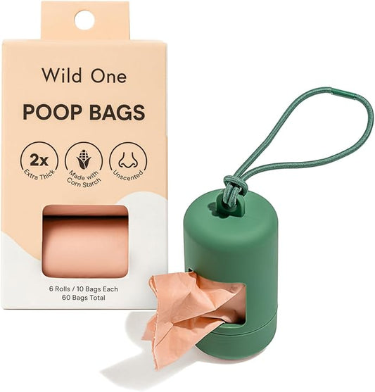 Wild One Dog Poop Bag Holder and Dispenser with Leash Attachment, Leak Proof, Easy Twist Top for Refills, Includes 1 Box Of Bags, Spruce