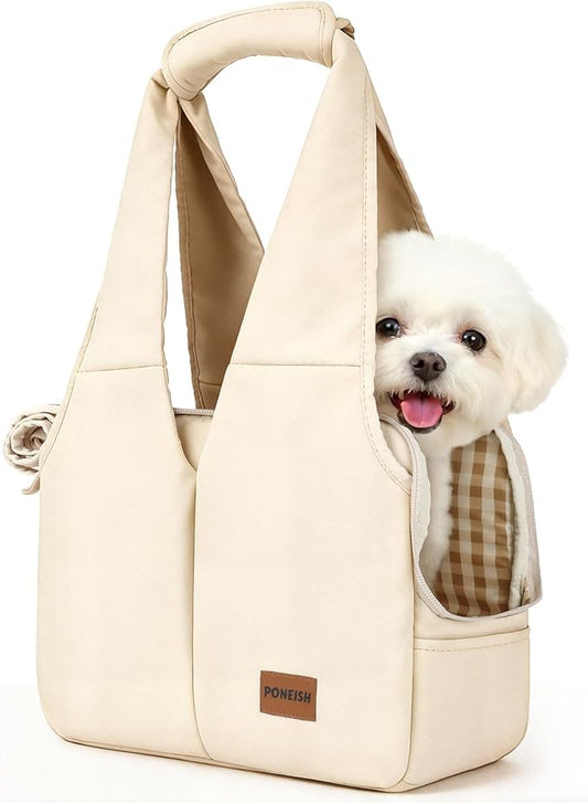 Dog Purse Carrier for Small Dogs and Cats, Soft-Sided Pet Tote Bag with 6 Large Pockets, Collapsible Travel Puppy Carrier, Fits Pets up to 13 lbs (Beige, 15.7" L x 8" W x 11.8" H)
