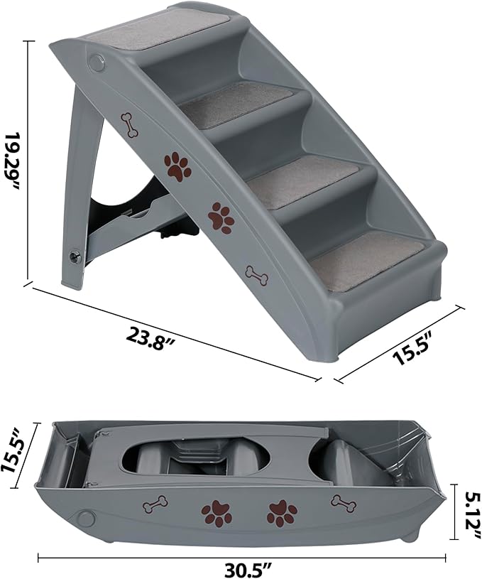 LEMY Foldable Pet Ladder,Pet Stairs with 4 Steps,Plastic Anti-Slip Pet Furniture Pet Dog Steps for Small/Old Dog,Grey