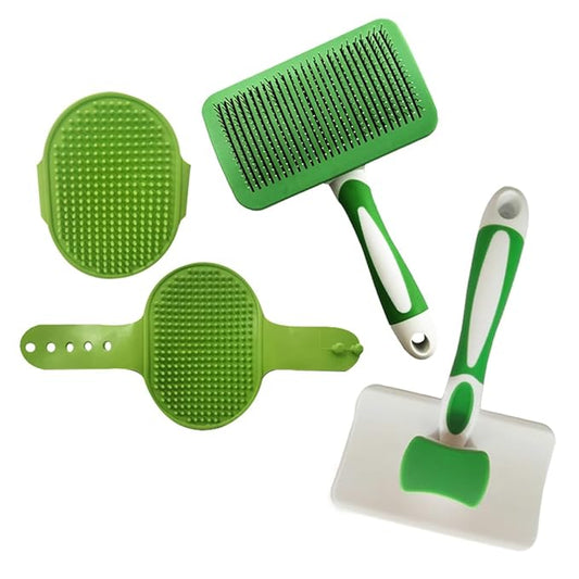2 Pcs Self Cleaning Deshedding Dog Brush & Bath Brush - Skin Friendly Shedding Grooming Tool For Dogs, Cats And Puppies, Premium Pet Supplies, Green