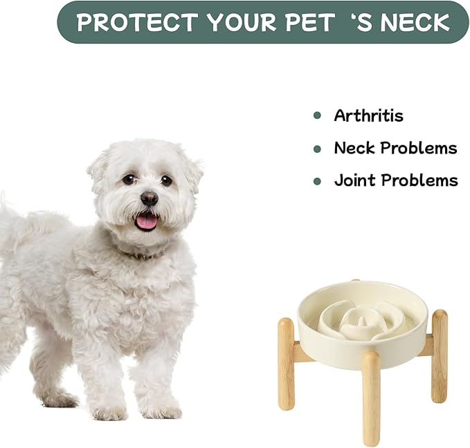 Ceramic 0.9 Cup Raised Dog Slow Feeder Set, Elevated Bowl with Wooden Stand for Small Dog and Cat, 6.1inch Puzzle Slow Dog Food Dish, Anti-Gulping(Beige, Single Bowl+ Stand)