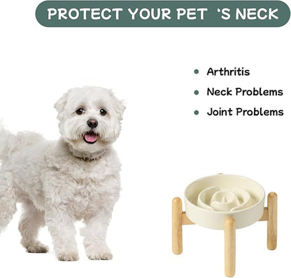 Ceramic 0.9 Cup Raised Dog Slow Feeder Set, Elevated Bowl with Wooden Stand for Small Dog and Cat, 6.1inch Puzzle Slow Dog Food Dish, Anti-Gulping(Beige, Single Bowl+ Stand)