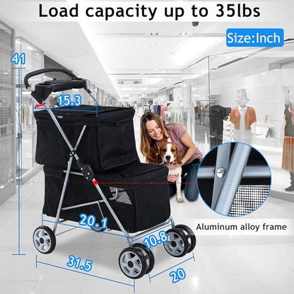 Double Dog Stroller Pet Stroller Cat Stroller for Small Medium Dogs Cats 2 Doggie Puppy or Two Kitty 4 Wheels Folding Travel Carrier Cage with Cup Holders 35LBS Capacity Pet Jogger Strolling Cart