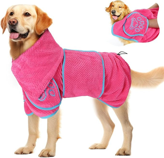 SlowTon Dog Bathrobe Towel - Super Absorbent Microfiber Pet Quick Drying Towel, Wearable Soft Bath Robes for After Bath Shower Swim Wet Walk, Adjustable for Small Middle Large Dogs (Pink, S)