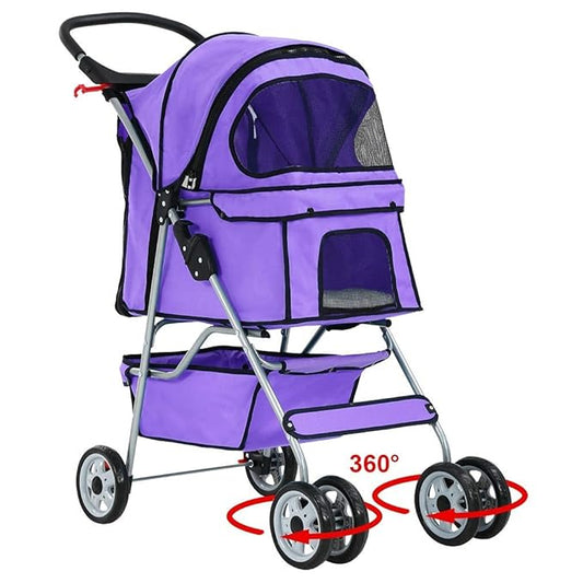 HHS Dog Strollers for Small Puppy Pet Stroller Dogs Cat 2, 4 Wheel Folding Travel Jogger Strolling Cart with Storage Basket, Cup Holder, Removable Liner, Purple, 17.5 (L) x 33 (W) x 38.6 (H) inches