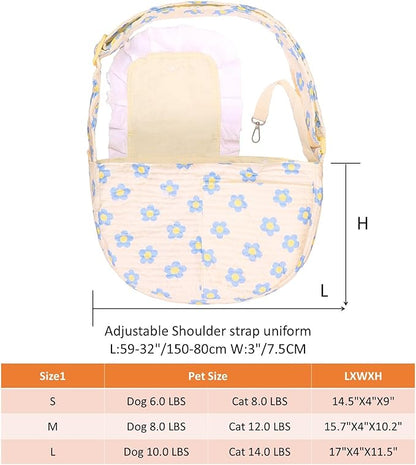 Floral Dog Carrier Bag for Cats & Small Dogs,Carry 10-20LBS Pet Purse, Hands-Free Cat Sling with Adjust Strap, Crossbody Puppy Sling Bag with Safety Buckle, Gifts for Pets Mom (Blue Daisy, Medium)
