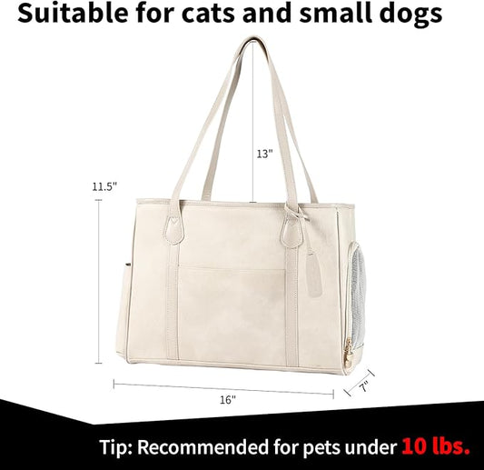 Stylish Dog Purse Carrier, Leather Pet Carrier Bag for Small Dogs Cats Puppy, Airline Approved Soft-Sided Carrier Beige