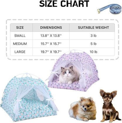 Selena Dog Tent House Cat Bed Indoor Outdoor Bow Ribbon Lace Mesh Breathable Windows Door Curtains Removable Portable Pet Nest Teepe (Medium,Purple+Cat)