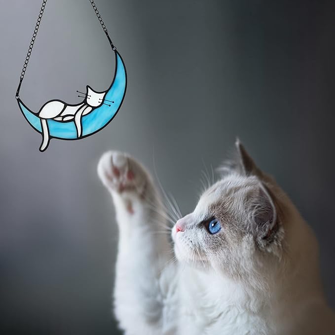 Sleeping White Cat on Moon Stained Glass Window Hangings,Cats Decor Cat Memorial Gifts for Cats Lovers,Suncatcher for Kitchen Bedroom Birthday Gift for Mom Grandma Aunt