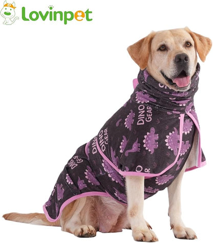 LovinPet 3‑in‑1 Dog Warm Winter Coat & Bathrobe, Hooded Dinosaur Fleece, Lightweight High‑Loft, Absorbent Knit, Quiet Hook‑and‑Loop, Wind‑Blocking Edges, Dog Robes for Medium & Large Dogs, Blue,2XL