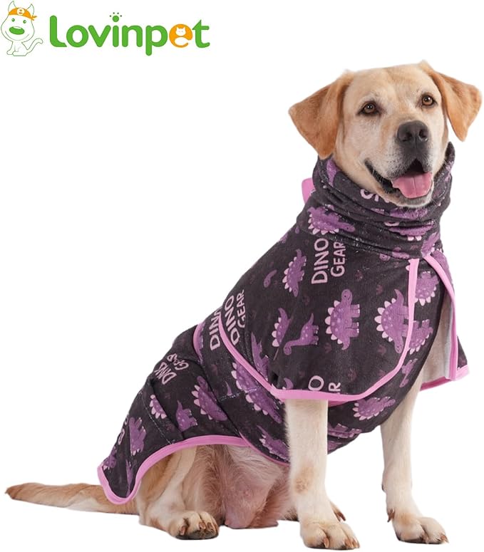 LovinPet 3‑in‑1 Dog Warm Winter Coat & Bathrobe, Hooded Dinosaur Fleece, Lightweight High‑Loft, Absorbent Knit, Quiet Hook‑and‑Loop, Wind‑Blocking Edges, Dog Robes for Medium & Large Dogs, Blue,M