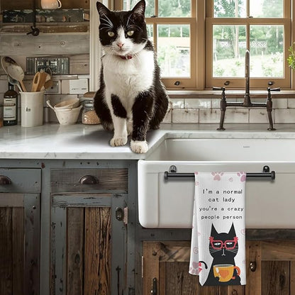 Quick-Dry Feline Enthusiast Kitchen Towels - Whimsical Cat Lady Art with Humorous 'Normal vs Crazy' Theme, Decorative Hand Towel for Women & Pet Lovers, funny Crazy Cat Lady Gifts Kitchen Accessories