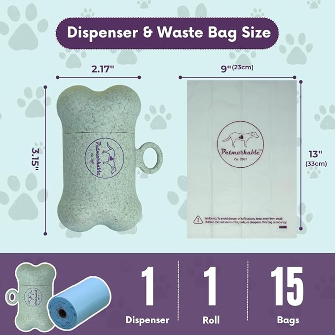 Complete Earth-Conscious Dog Waste Kit: Wheat Straw Waste Bag Dispenser with one corn starch 15-bag waste bag roll, Carabiner, Elastic Band for Secure Leash Attachment, Leak-Proof (Green)