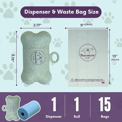 Complete Earth-Conscious Dog Waste Kit: Wheat Straw Waste Bag Dispenser with one corn starch 15-bag waste bag roll, Carabiner, Elastic Band for Secure Leash Attachment, Leak-Proof (Green)