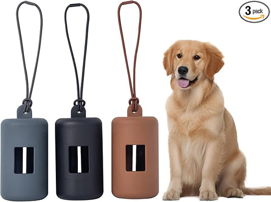 3Pack Dog Poop Bag Holder for Leash,Integrated Molding Soft Plastic Pet Waste Bag Dispenser with Elastic Loop Protable Doggie Poop Bag Dispensers (Black+Brown+Grey)