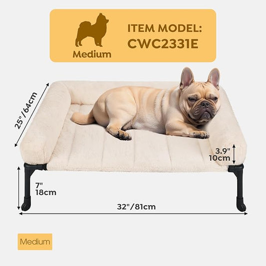 Veehoo Orthopedic Elevated Dog Bed + Removable Fluffy Pillow-Top Mat, Plush Dog Bed with Bolster, Breathable Mesh, No-Slip Feet, Portable Raised Dog Bed for Indoor & Outdoor, 32"x25", Medium, CWC2331E