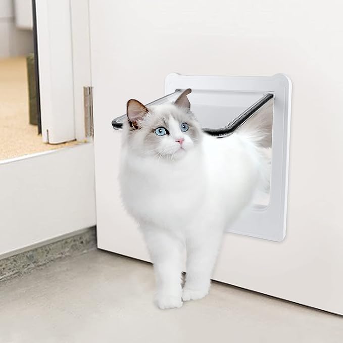 Large Cat Door for Interior Door (Outer Size 10.8"x9.25") 4-Way Locking Cat Door for Exterior Door White Cat Flap Up to 25lb