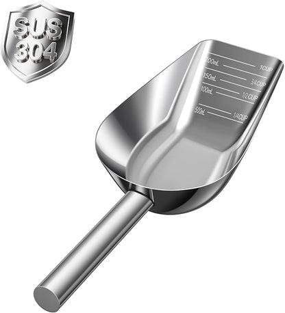 Dog-Cat Food Scoop 1 Cup – Thickened 304 Stainless Steel Pet Food Scoop with Long Handle, Precision Scale, Easy to Clean, for Wet Dry Food