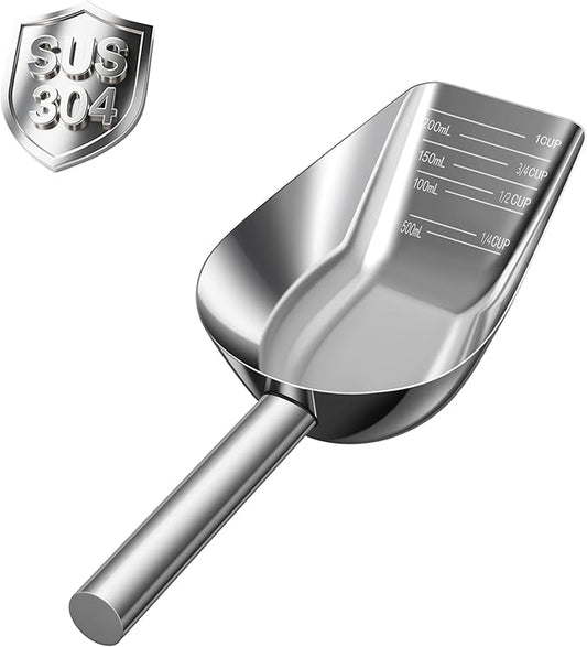 Dog-Cat Food Scoop 1 Cup – Thickened 304 Stainless Steel Pet Food Scoop with Long Handle, Precision Scale, Easy to Clean, for Wet Dry Food
